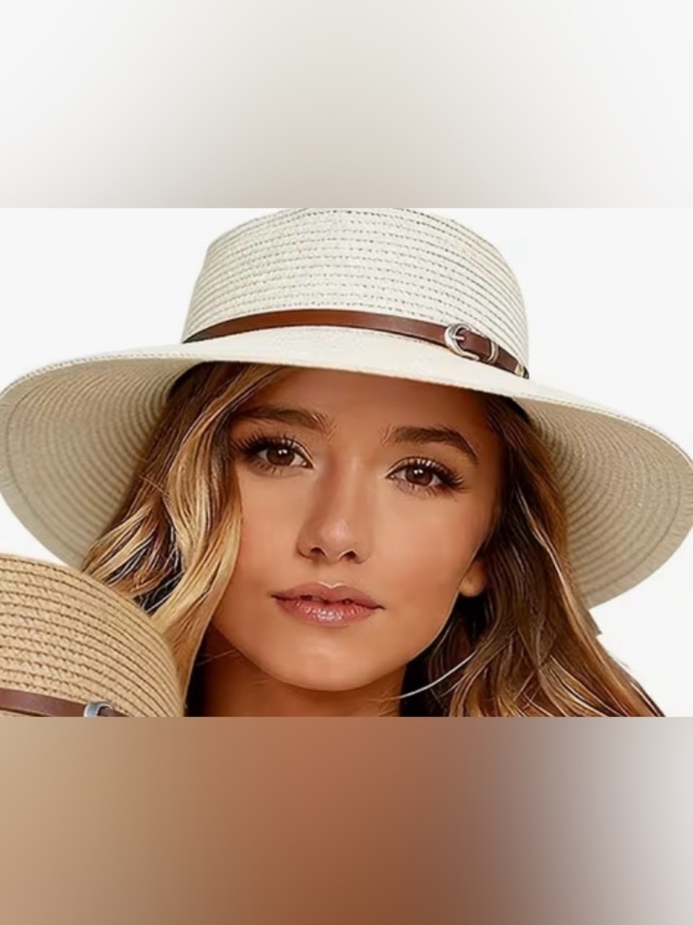 Wide Brim Straw Sun Hat with Brown Band - Women